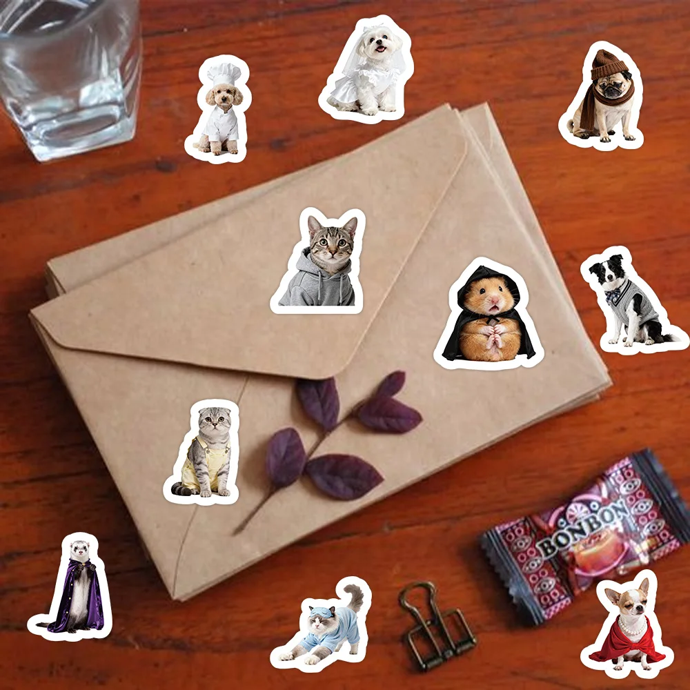 

70pcs Cute pet personification stickers, quirky outfit elements, handbook diary atmosphere-themed materials, notebook decoration
