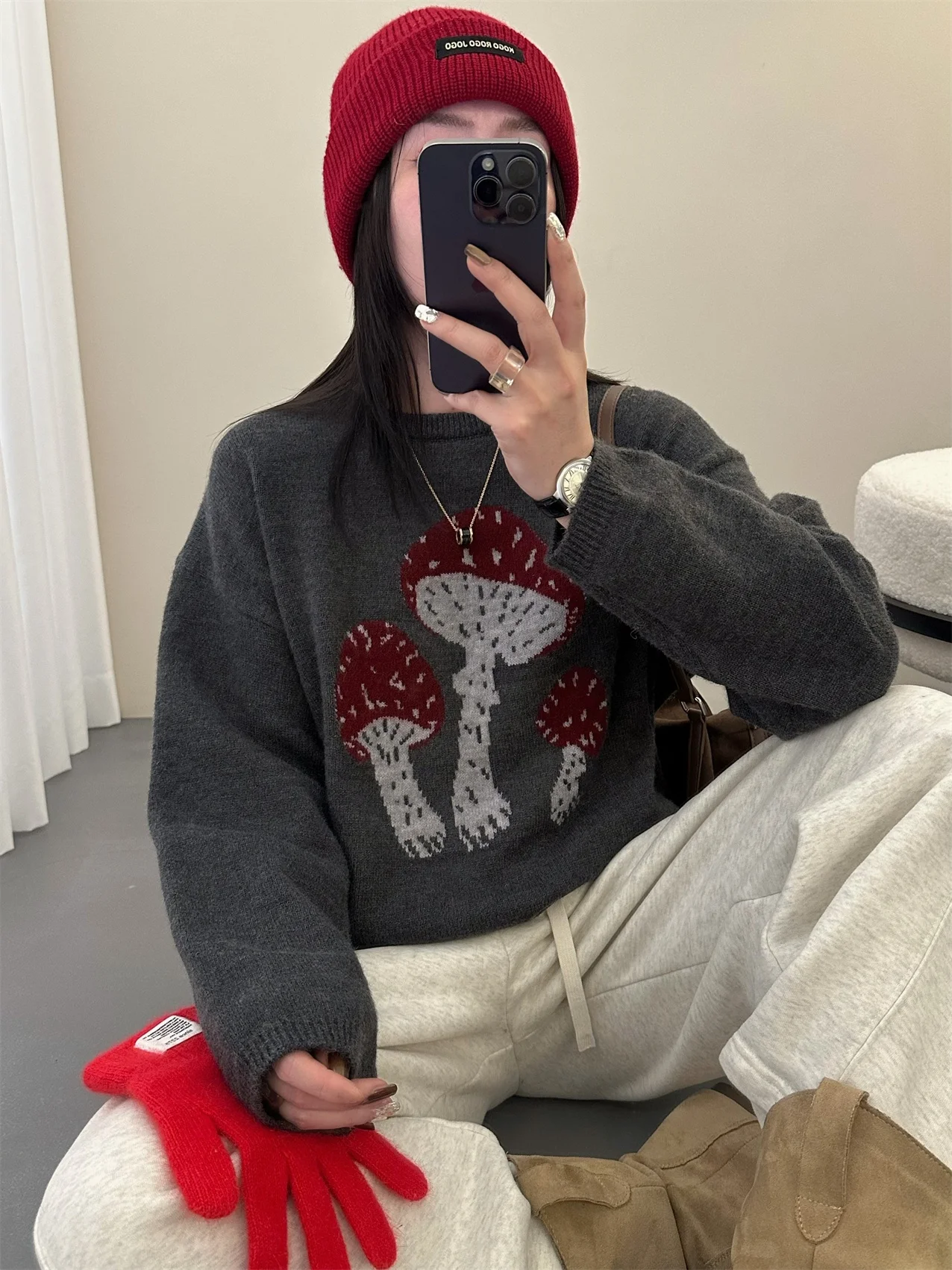 

Осенне-зимний корейский вязаный свитер с милым узором в виде грибов, универсальный повседневный топ с длинными рукавами для женщин