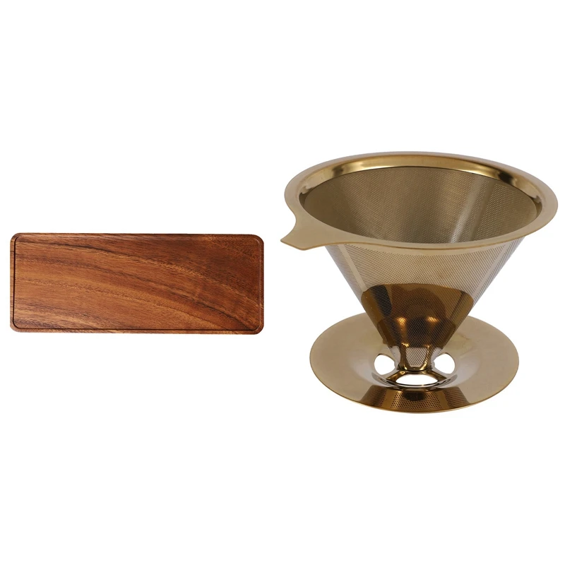 Double Wall Titanium Gold Pour Over Coffee Dripper Filter With Acacia Wooden Tray, Solid Wood Wooden Afternoon Tea Tray