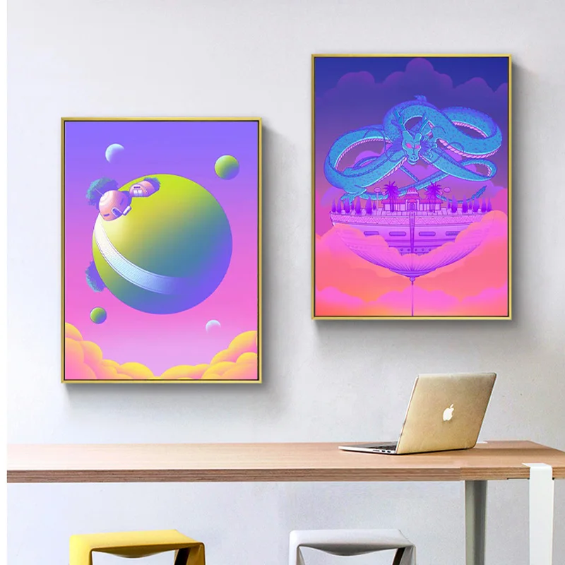 Night City Street Pop Kyoto Poster Space 80s Dragon Pink Vaporwave Style Painting Wall Art Picture for Kawaii Room Home Decor