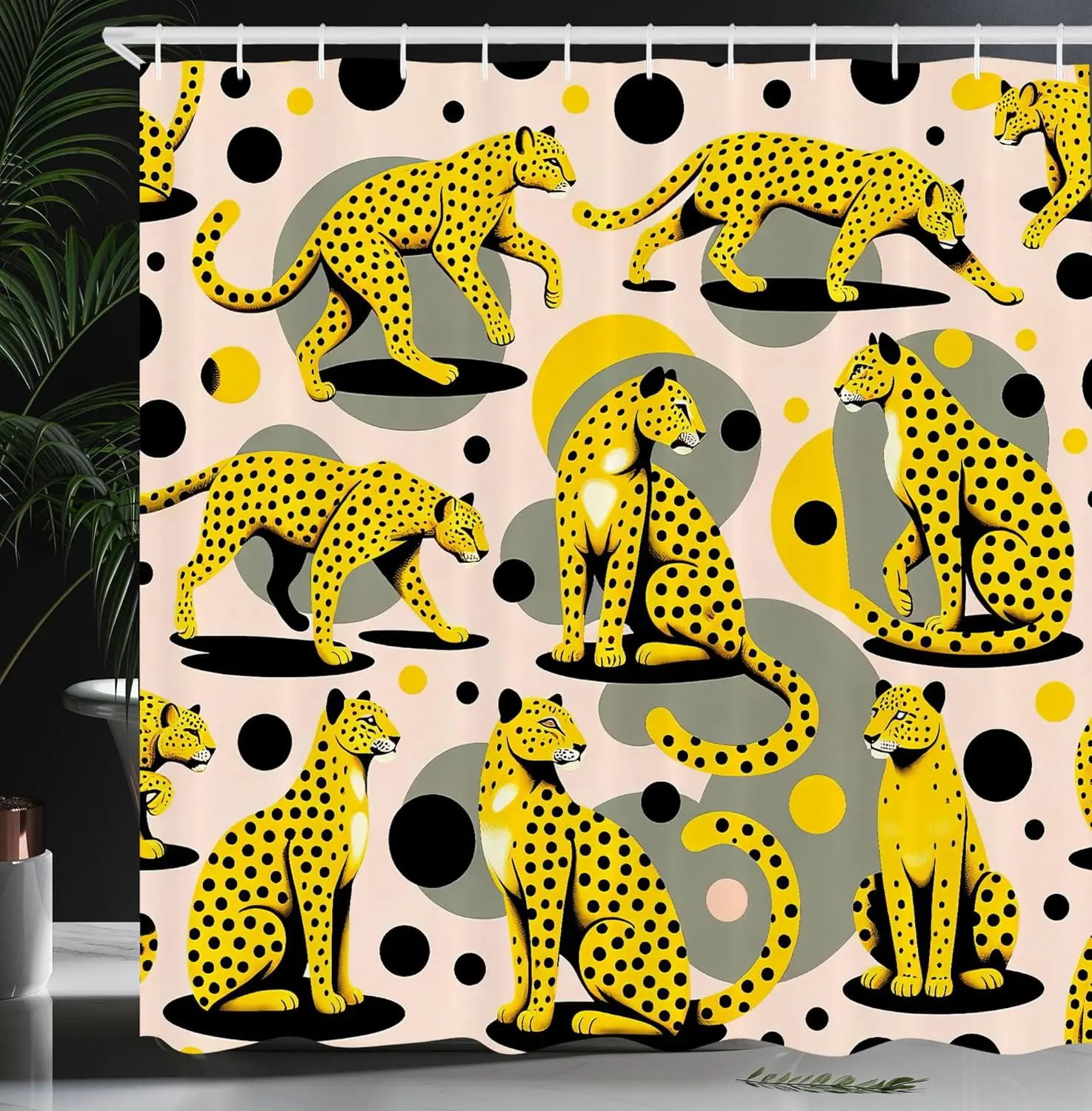 

Занавеска для душа Ambesonne 180x180 см, розовая, с принтом желтого гепарда и фоном в горошек, в диком стиле