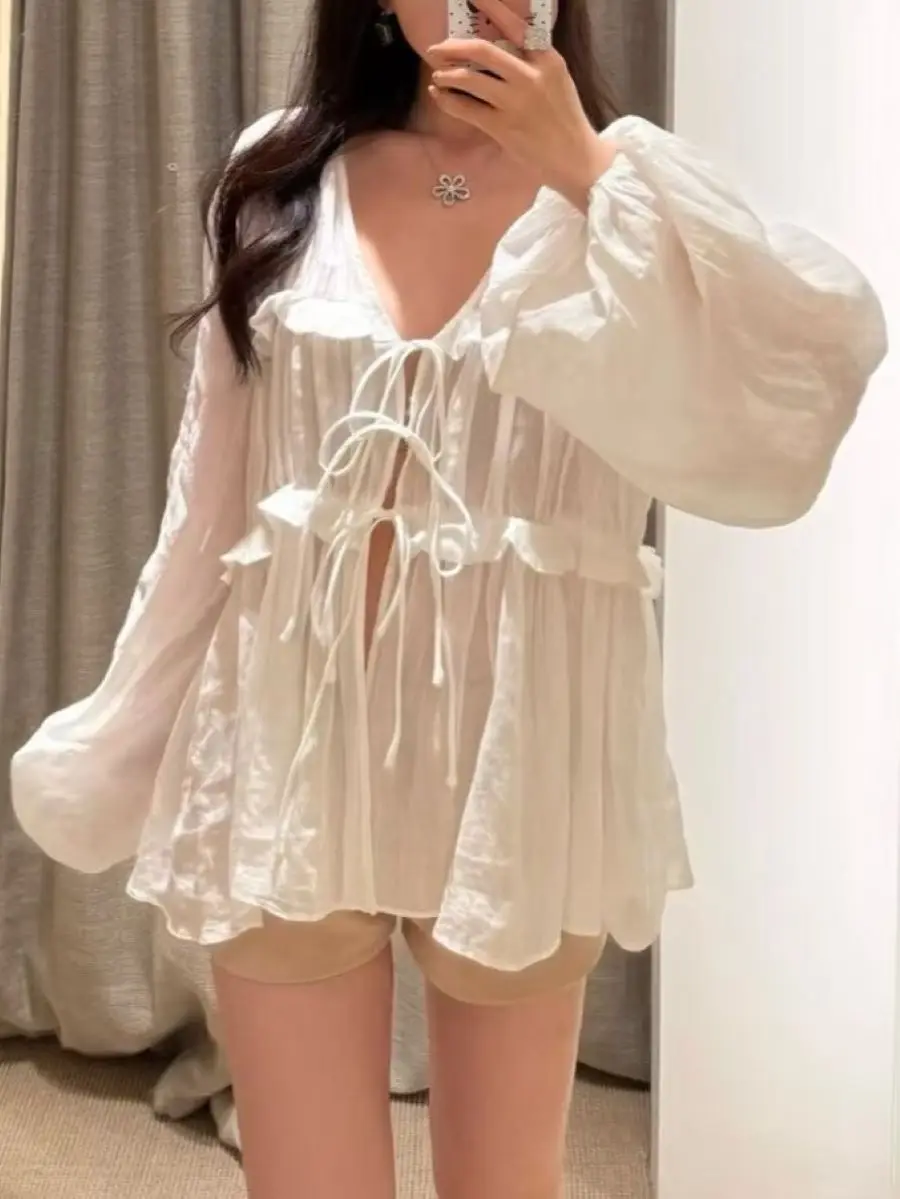 

Women Ruffles Spliced White Shirt Lace-up V-Neck Lantern Sleeve Fashion Loose Ramie Blouse Top