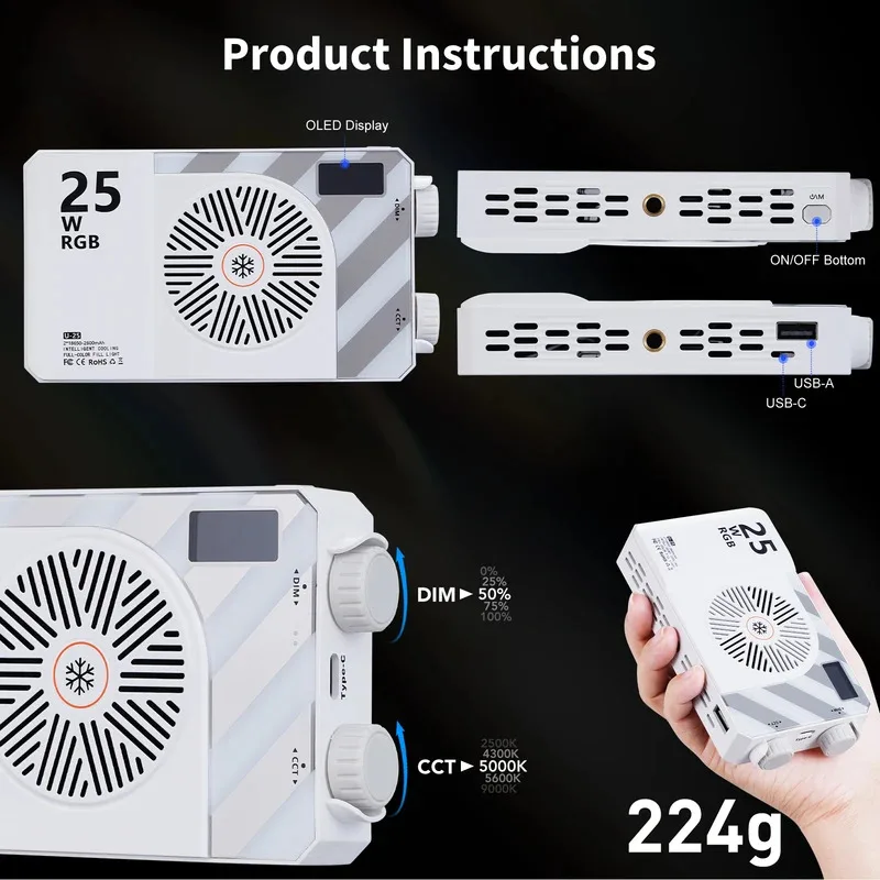 ANLAIKE U25 mocna lampa RGB pełnokolorowa do selfie, oświetlenie do transmisji na żywo, oświetlenie do fotografii plenerowej, lampa kieszonkowa