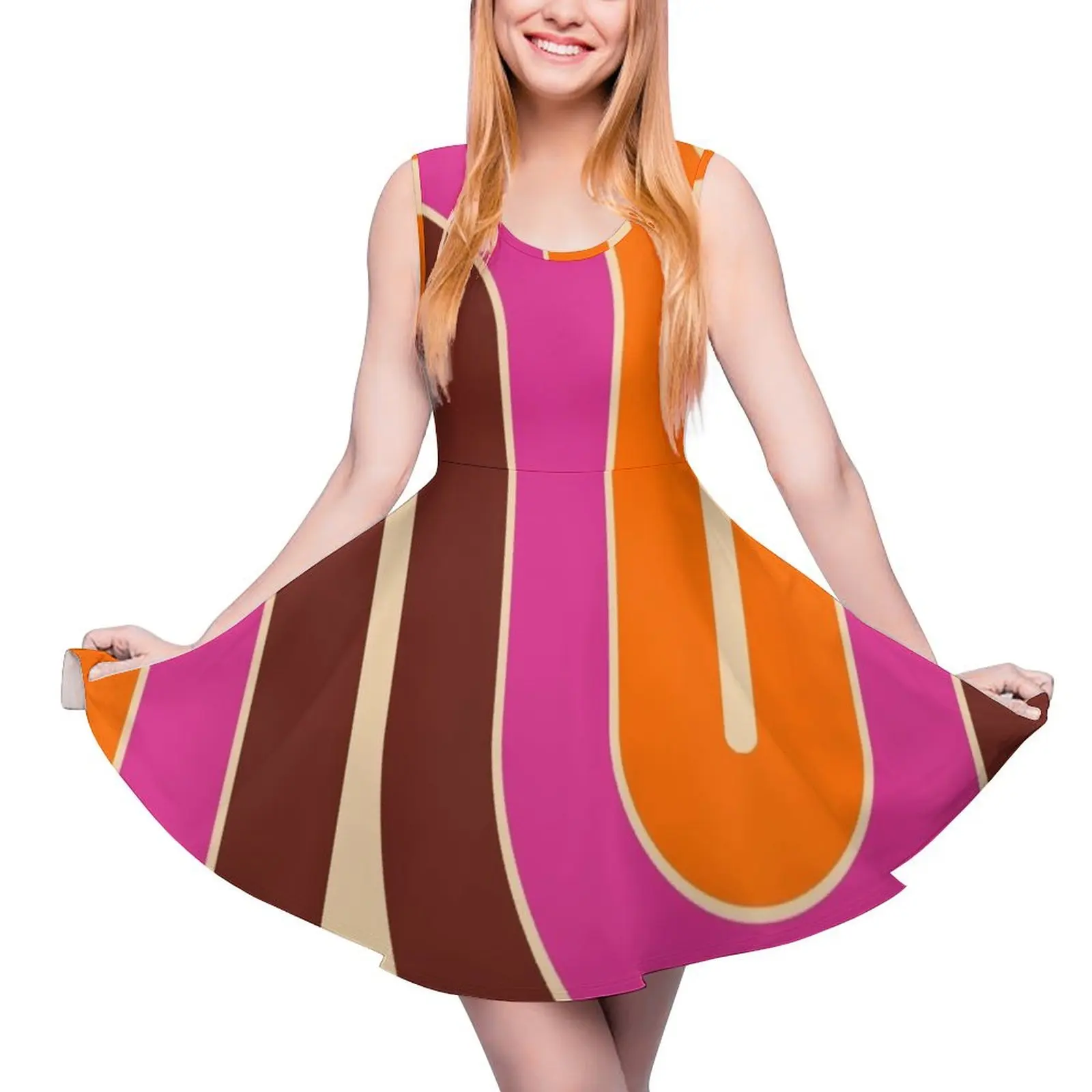 

Retro Geometric Double Arch Design Brown Magenta Orange and Beige Sleeveless Dress summer dress woman 2024 trendy dresses summer