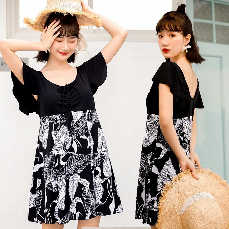 

Женский купальник-платье с тропическим принтом, завязками спереди, расклешенными рукавами, скромной высокой талией и расклешенной юбкой, летний купальный костюм