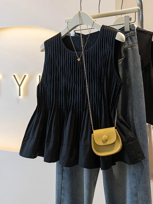 

Elegant Black Sleeveless Women's Shirt Spring Summer New plus Size Puffy Doll Top Belly Concealing Korean Style Loose Fit