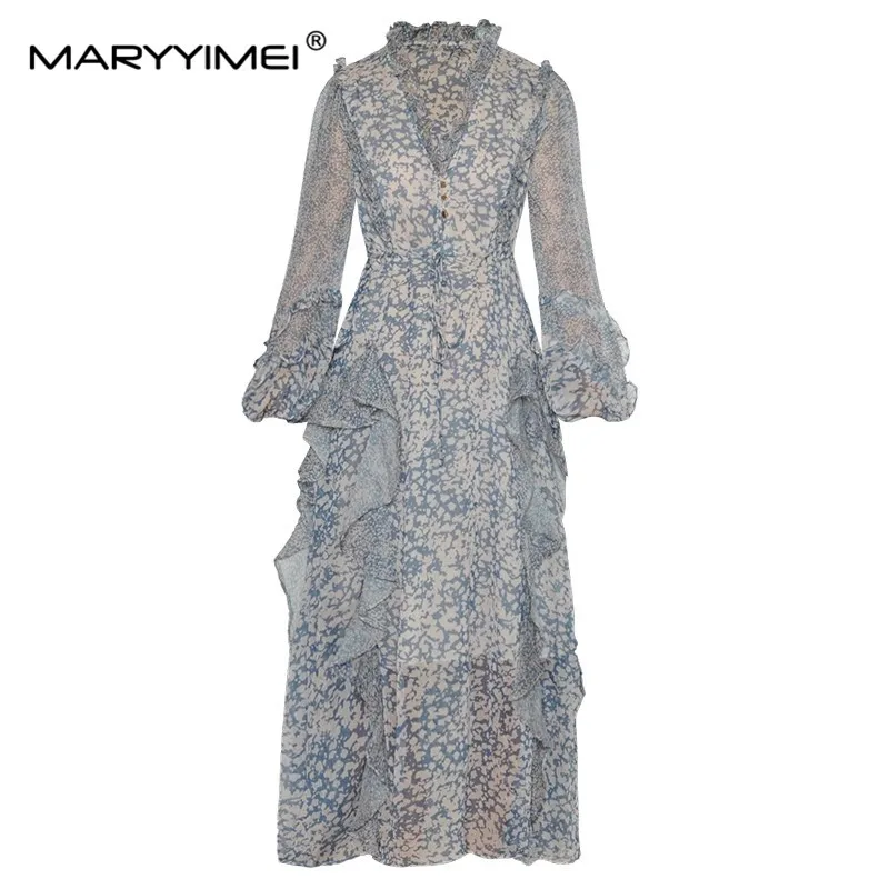 

MARYYIMEI Fashion Spring Summer Women's dress V-neck Long sleeved Draw String Waist retraction Ruffles Elegant Holiday Dresses