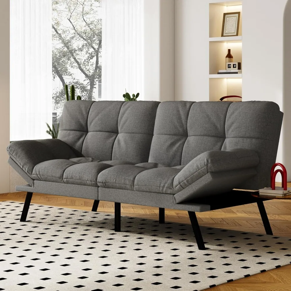 

Sofa Bed, Grey Linen Futon Couch With Adjustable Backrest & Armrests, Folding Small Recliner Sleeper Sofa Bed