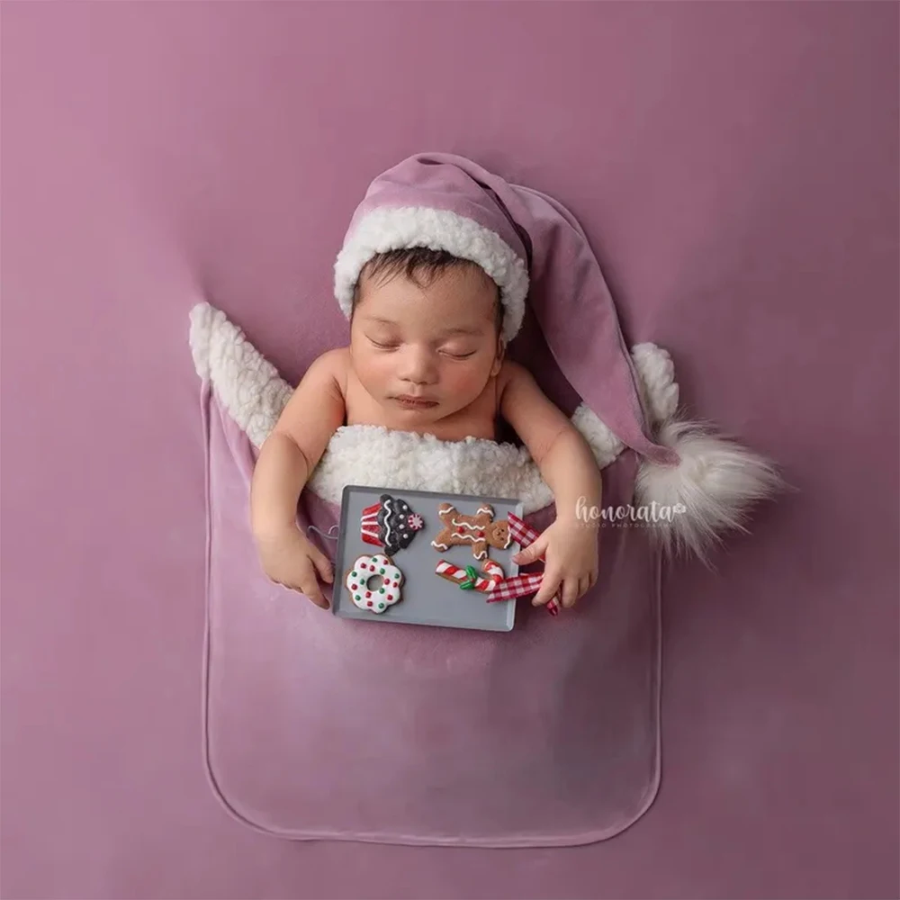 Velvet Christmas Baby Photography Props Set Hat Background Gingerbread Crutch Ornaments Newborns Photo Shoot Studio Accessories