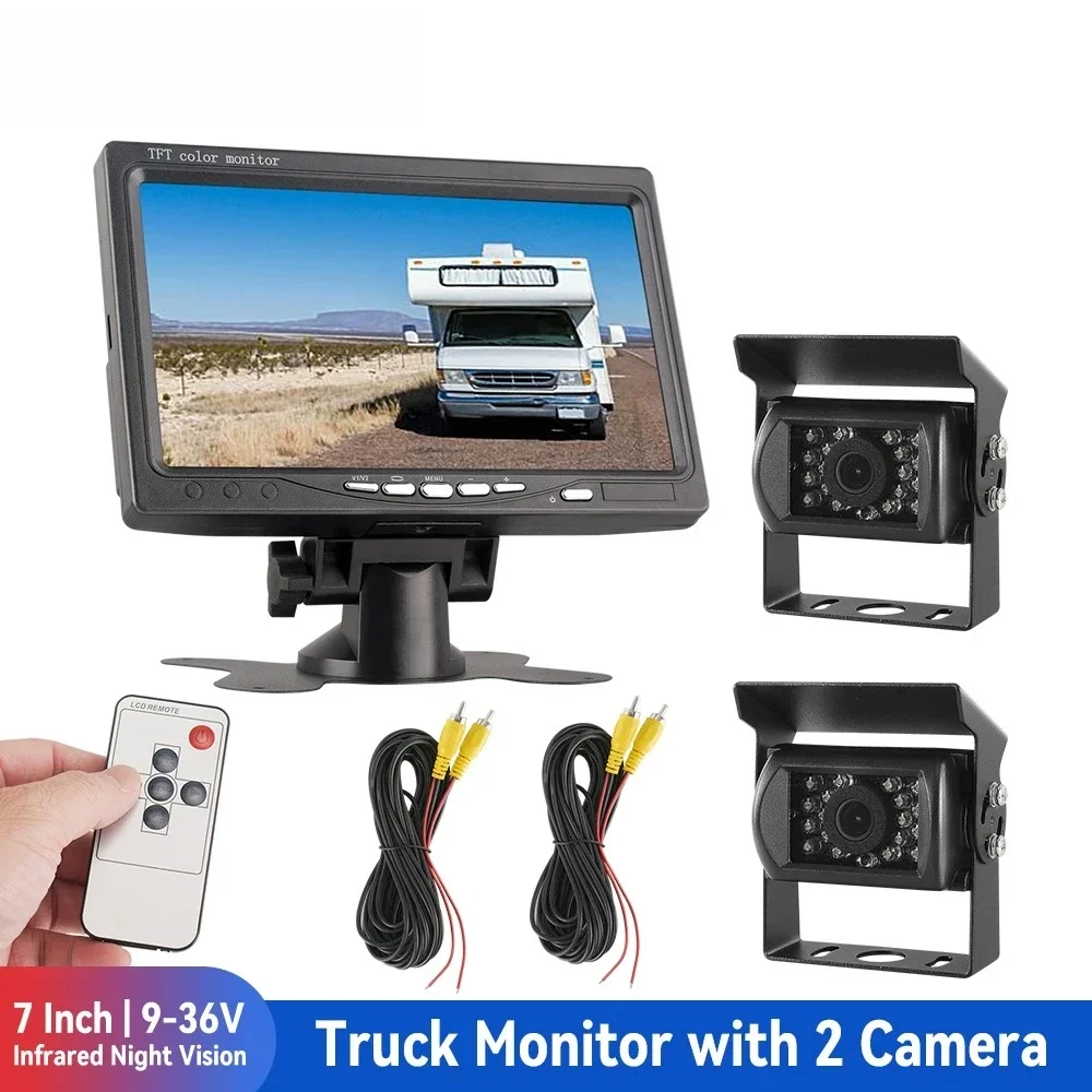 Queender Car Monitor Screen with two Camera for Truck Bus RV Parking Night Vision Waterproof Rear View Camera 12-24V Universal