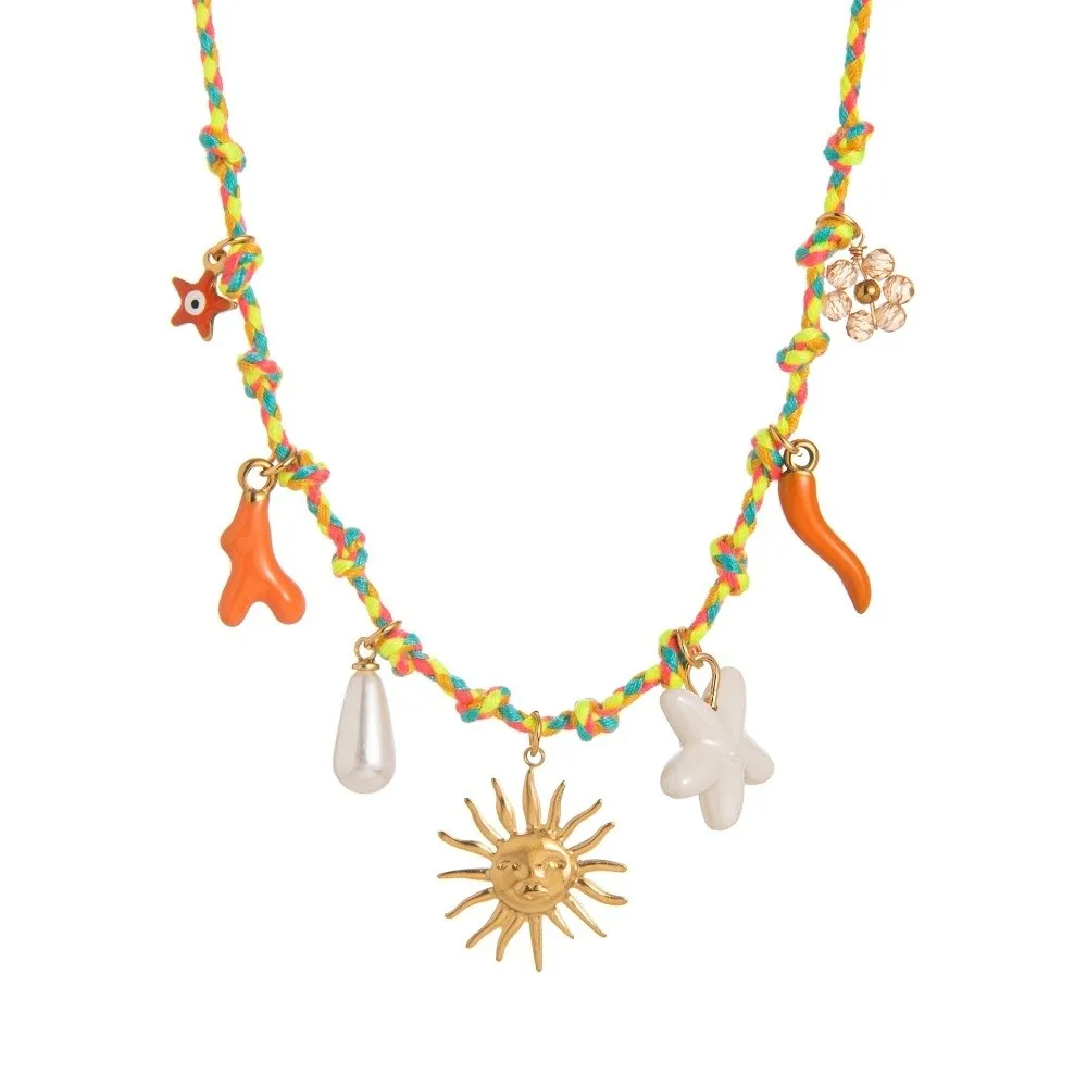 Kalung Rantai Tali Simpul Boho Antik Kalung Cangkang Keong Bintang Laut Penyu Hadiah Choker Kerang Matahari