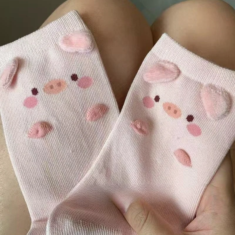 3 pairs of girls' medium tube socks, cute expression, cute ears, women's comfortable soft socks