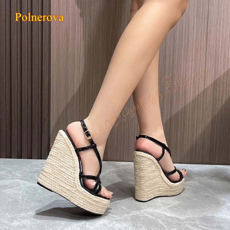 Thick Sole Wedge Straw Sandals Round Toe Peep Toe Buckle Women Shoes Wedding Party High Heel Shoes 2024 New Zapatos Para Mujere