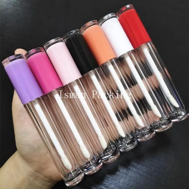 

50Pcs empty cylinder luxury hot pink clear wand lip gloss packaging red white black lipgloss container tubes with purple lid 5ml