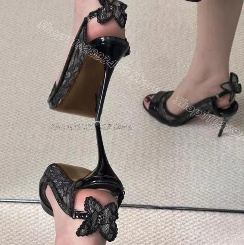 

Black Butterfly Lace Stiletto Sandals Peep Toe Splicing British Style Fashion Party Summer Women Shoes 2025 Zapatos Para Mujere