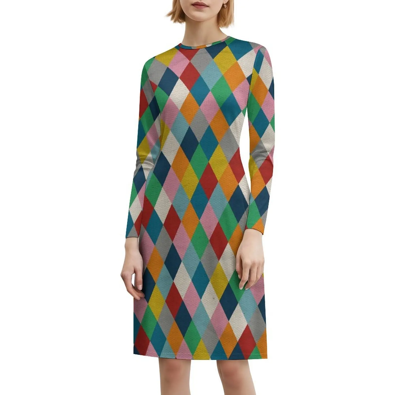 Estilo coreano vestido casual para mulheres simples diário escritório senhora vestidos diamante arco-íris cor brilhante vestidos de festa