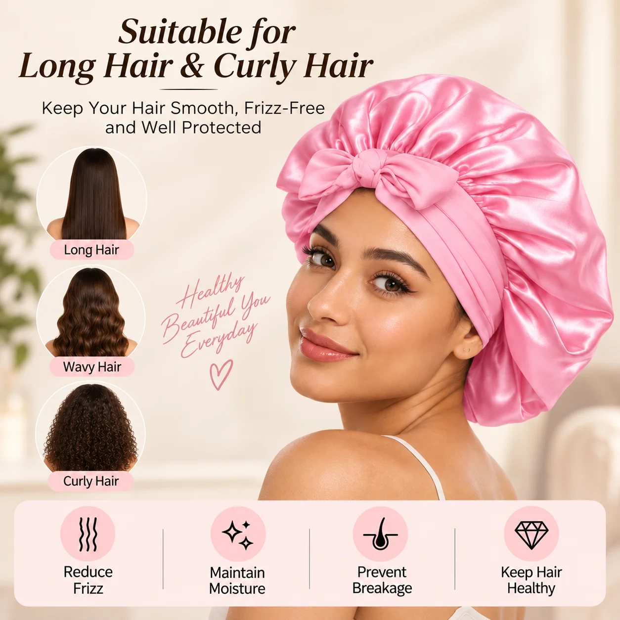 Satin Silk Sleep Cap Bonnet for Women Long Curly Hair Adjustable Tie Night Cap Maternity Hair Care Anti-Frizz Home Wrap