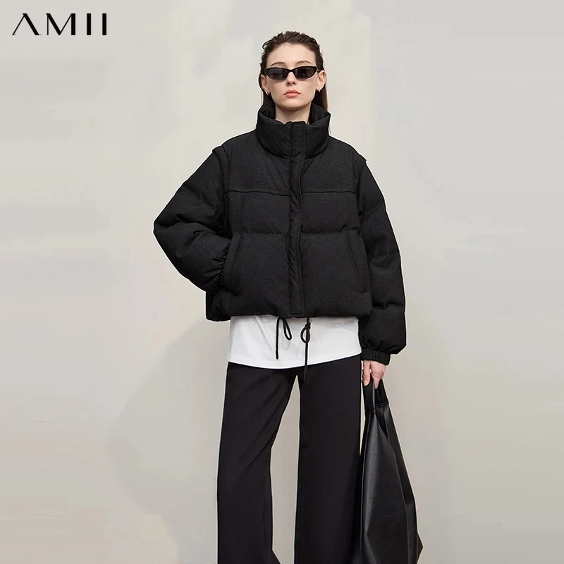 Amii Down Jacket For Woman 2026 Winter New Warm Zipper Removable Sleeves Ladies Clothes Loose Versatile Short Down Coats12544073