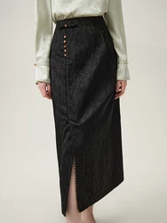 FSLE New Chinese Style Three-dimensional Jacquard Black Texture Skirts Asymmetrical High Waist Long Skirt 24FS11334