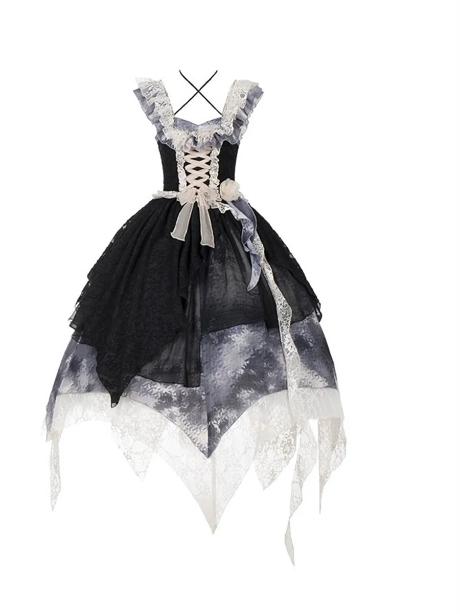 Japanse Stijl Lolita Jsk Elegante Meisjes Cosplay Kant Bloemen Lotusblad Kant Tie Dye Print Lint Taille Halter Jurk