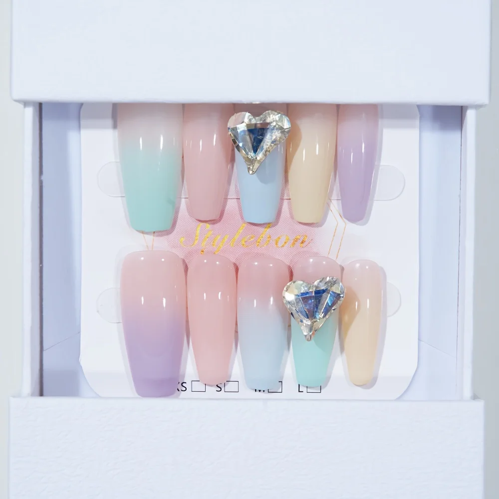 

10pcs Handmade Press on Nails French Gradient Diamond Heart False Nail for Women&Girl Middle Ladder Detachable Wearable Nail Art