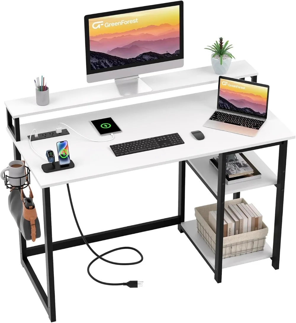 

GreenForest Computer Desk with USB Charging Port and Power Outlet, Reversible Small Desk with Monitor Stand and Storage Shelves