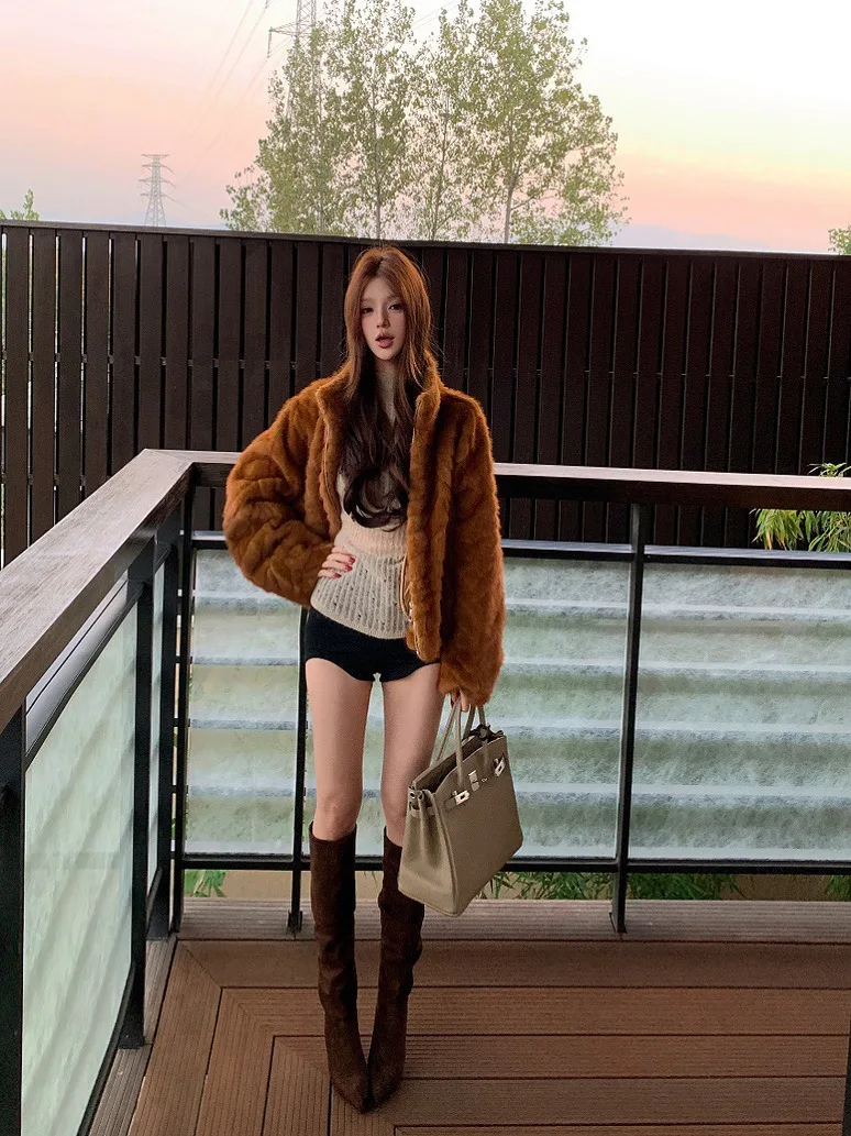 

Tagkita Women's Faux Fur Zipper Jacket Stand Collar Integrated Leather Warm Top Winter Loose Style Long Sleeve Commute Style