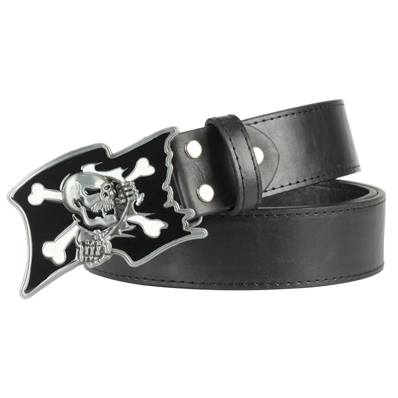 Ceinture en cuir PU avec boucle en métal, motif tête de mort, squelette, drapeau de Pirate, à la mode