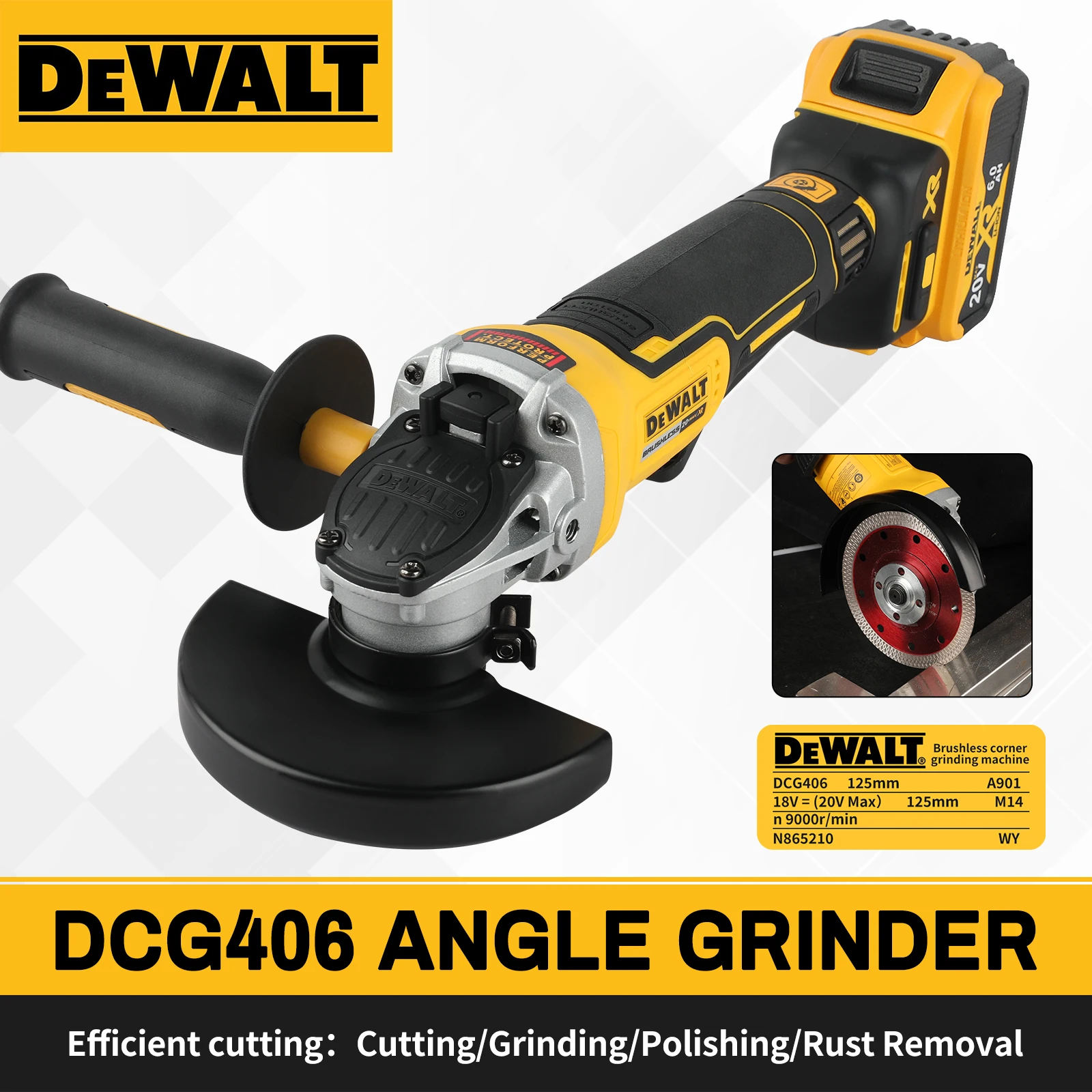 DEWALT 20V 406 Brushless 125mm Grinder Ergonomic Handle for Household Workshop Metal Stone Processing
