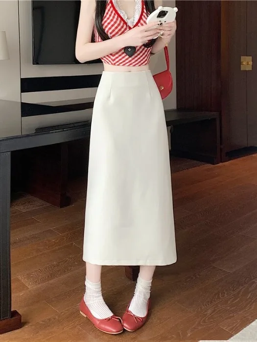 Spódnica midi khaki z wysokim stanem, prostymi nogawkami, wyszczuplająca, z rozcięciem, w kształcie litery A, damska, jesienno-zimowa, nowa, elegancka, do biura, do pracy.