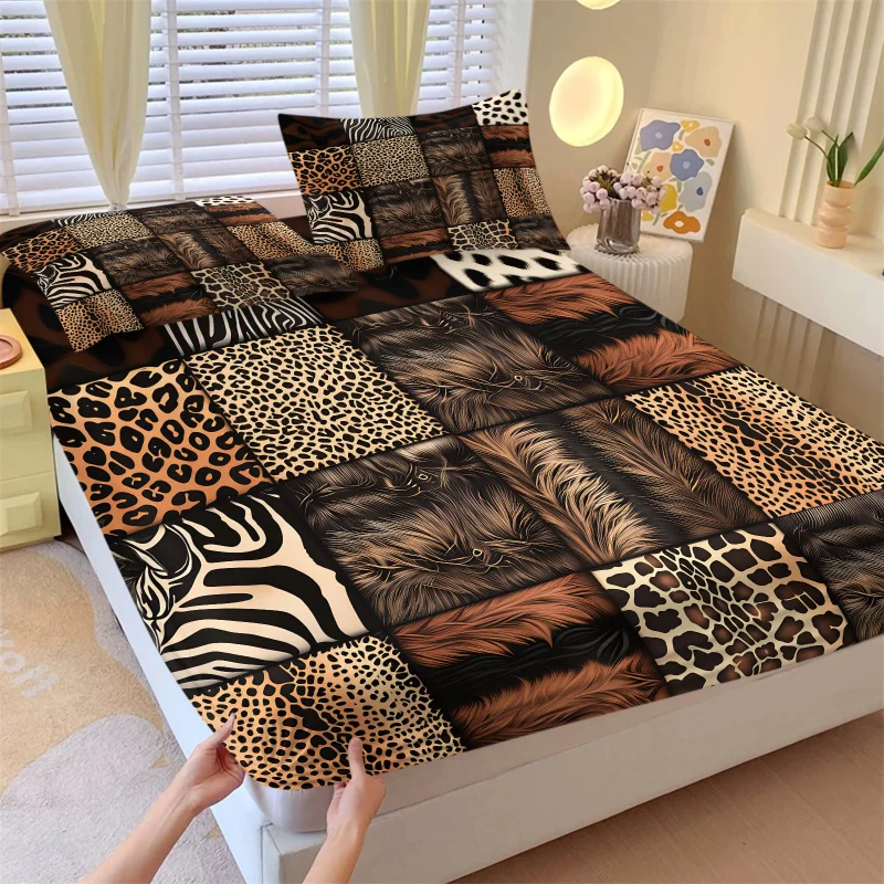 Mixed Leopard Zebra Lion Print Fitted Sheet Set With 2 Pillowcases Elastic Non-slip Soft Wild Style All Season Bedroom Bedding