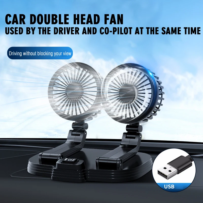 

Portable Dual Head Car Fan 360° Rotation 2 Speed Electric Fan USB Air Circulation Fans For Dashboard Car