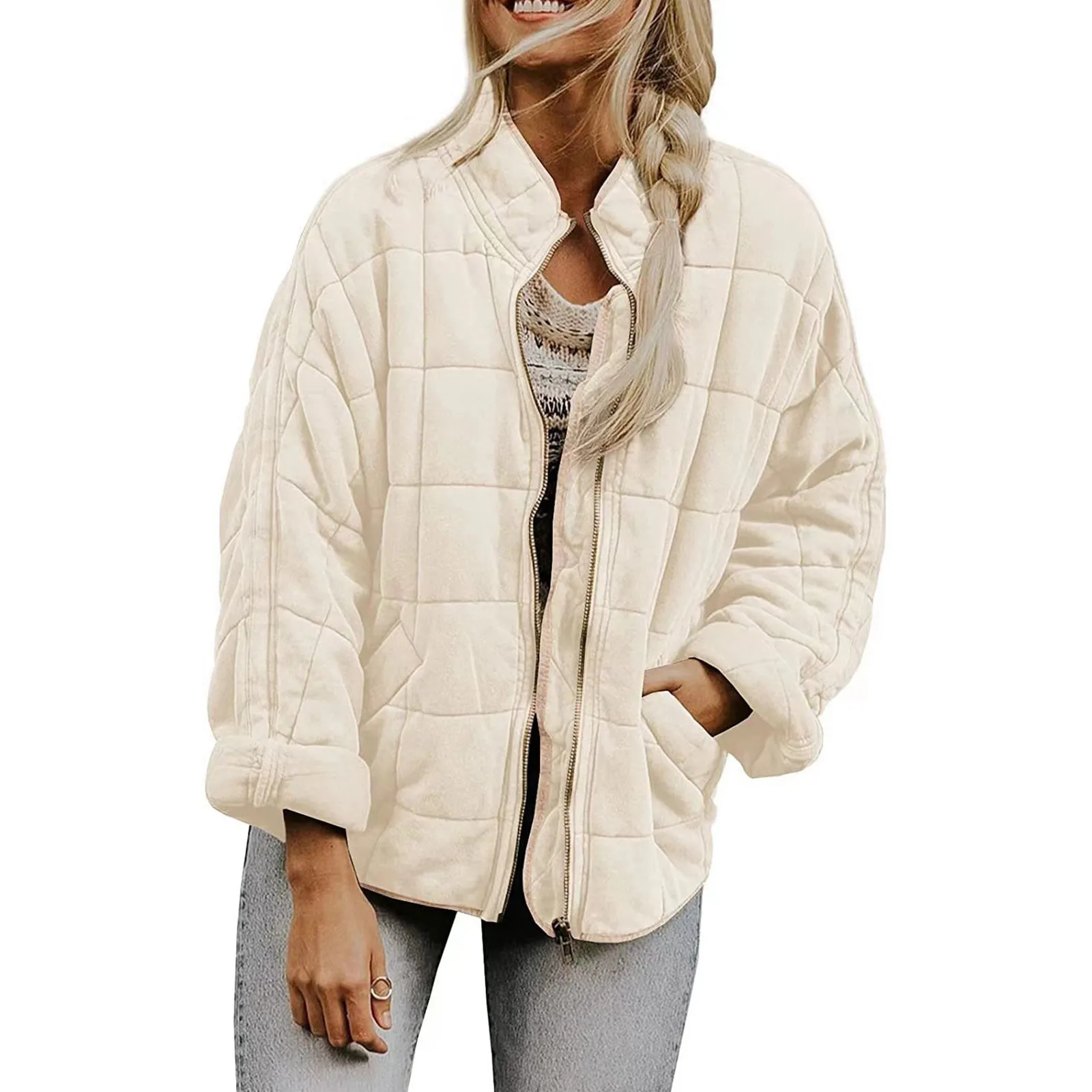 Casual Jackets Outerwears Autumn/Winter 2024 Vintage  Women\'s Neck Women Fashion Quilted  Female Pocket Padded Zipper Stand