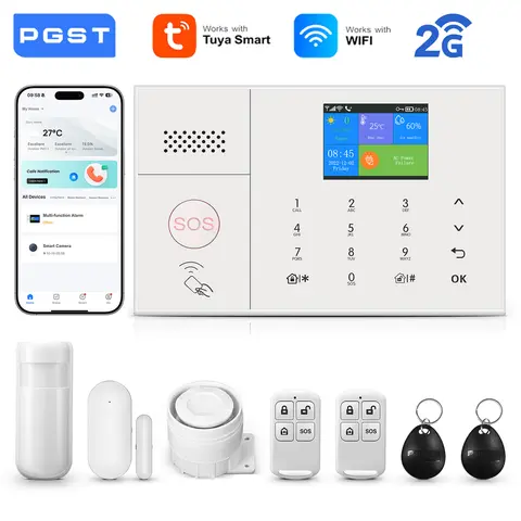 PGST Home Alarm System 2G GSM WiFi Tuya Security Protection Alarm Security System Set Smart Life Automation Motion Door Sensor