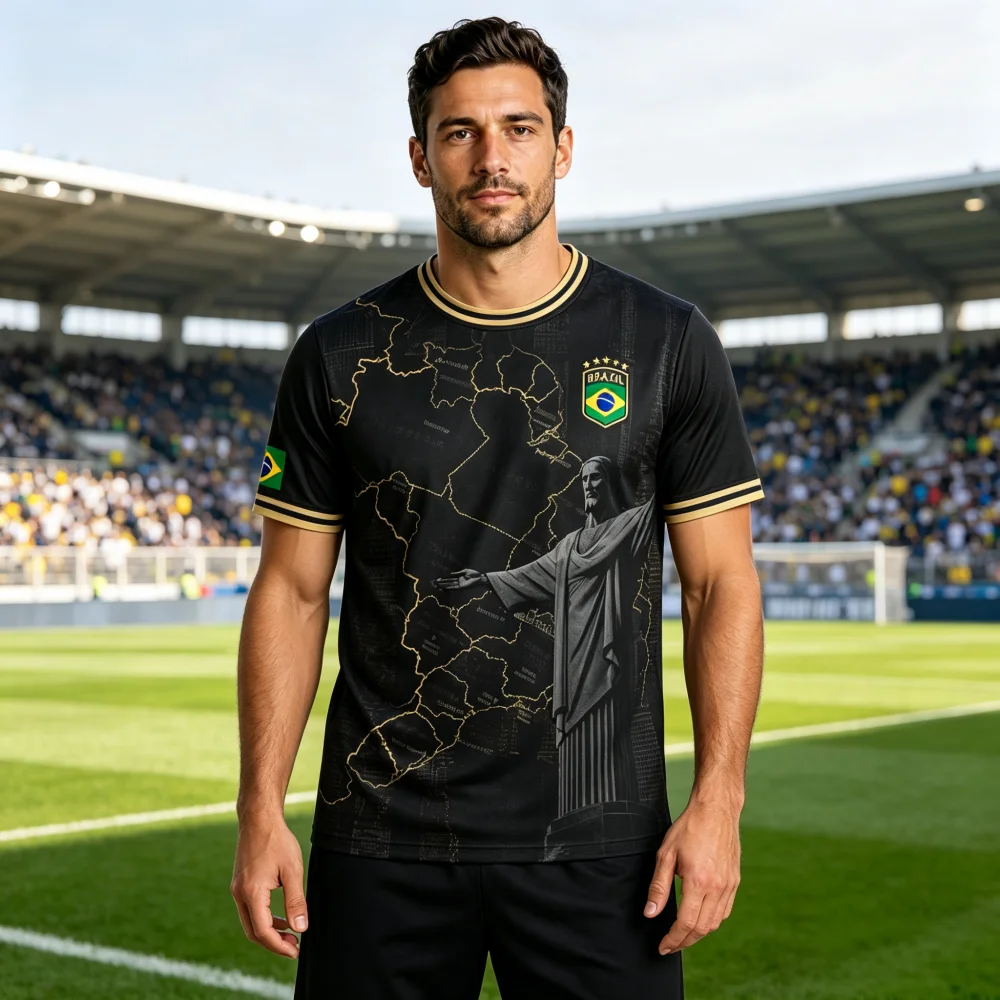 Unisex Brazil Soccer Creative Fan Jersey Black Gold Map Christ Statue Graphic Short Sleeve Football Supporter Family Kids Tees