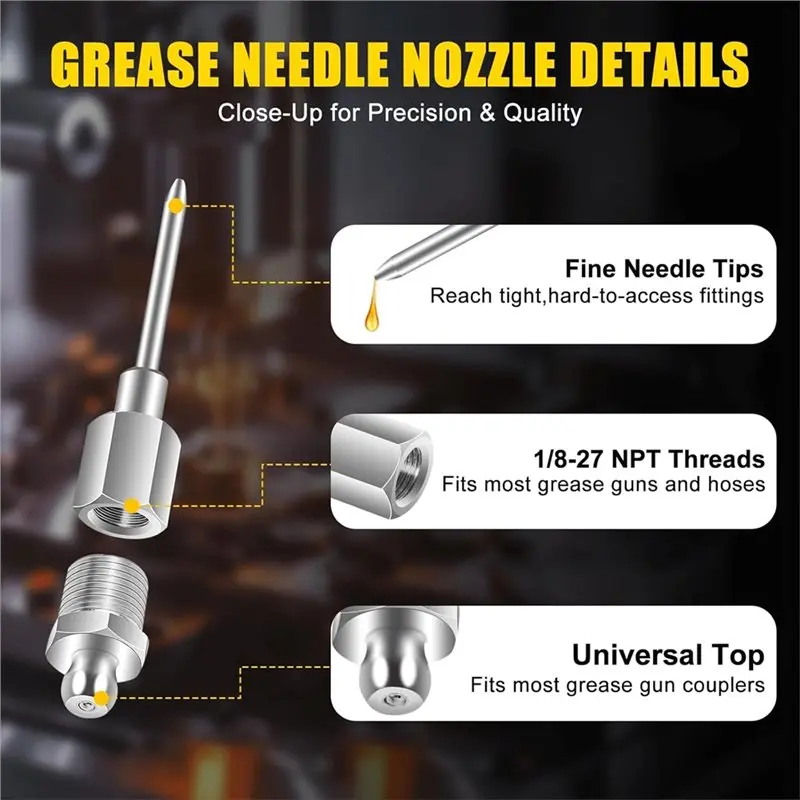 SHGO Grease Gun Accessory Kit 9pcs Needle Tip Nozzle Set Bent Straight Nipples Elbow Adapter for Lubrication