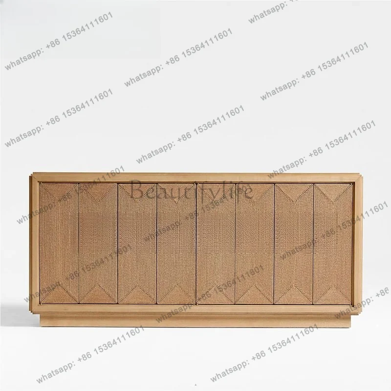 French retro solid wood dining side cabinet, antique designer living room four-door woven storage cabinet