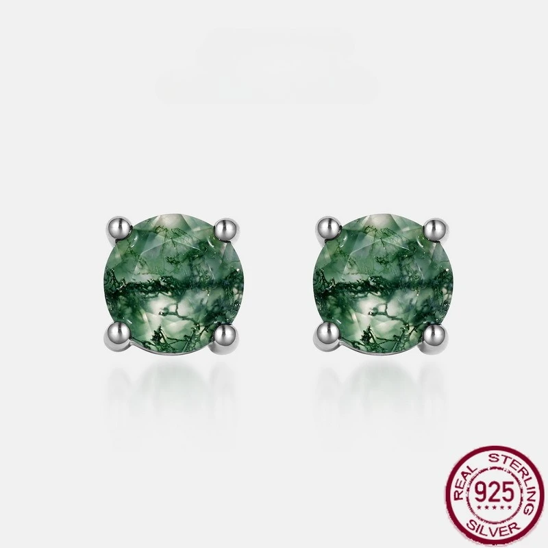 

New S925 pure silver water grass agate round inlaid with green moss stone earrings, simple and fashionable wedding jewelry