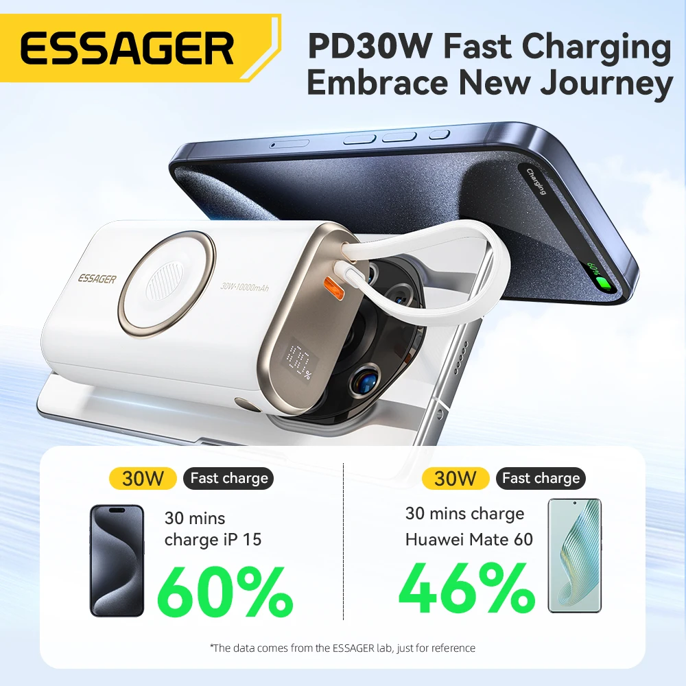 Essager Portable Power Bank 30W 10000mAh With Cable for iPhone 16 15 Xiaomi Wireless Magnetic Charger for Apple Watch Series 9 8