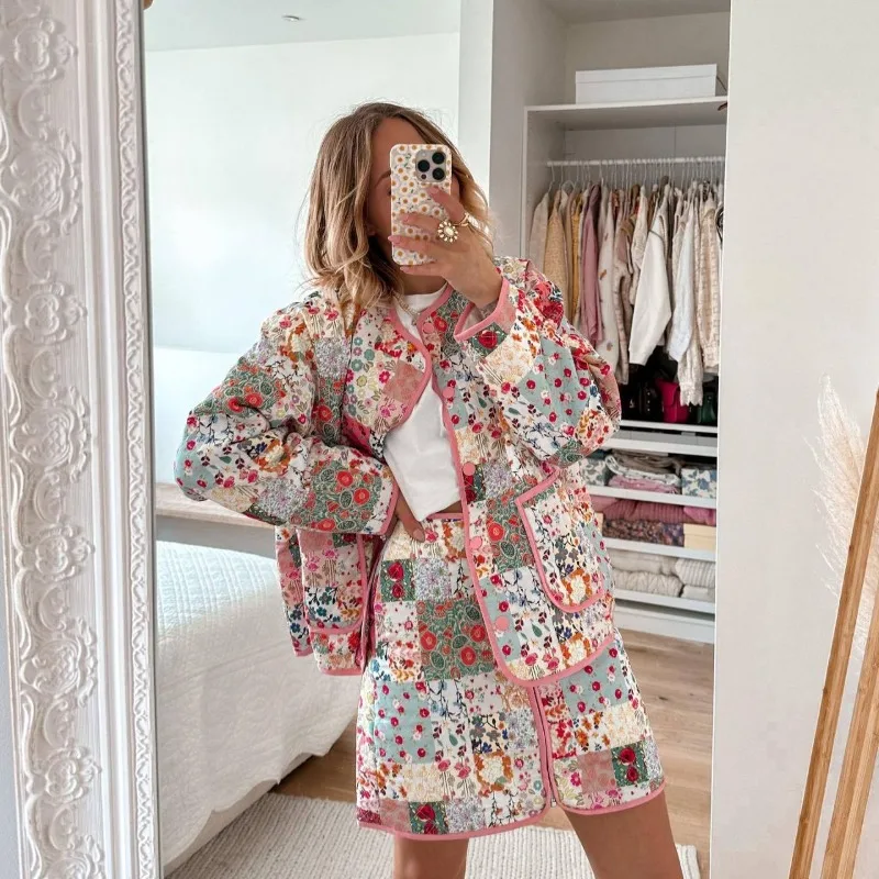 Elegant Fashion Long Sleeve Floral Print Pocket Coat Top Zipper Skirt Y2K INS Outfits Fashion Winter Warm Parka Two Piece Set