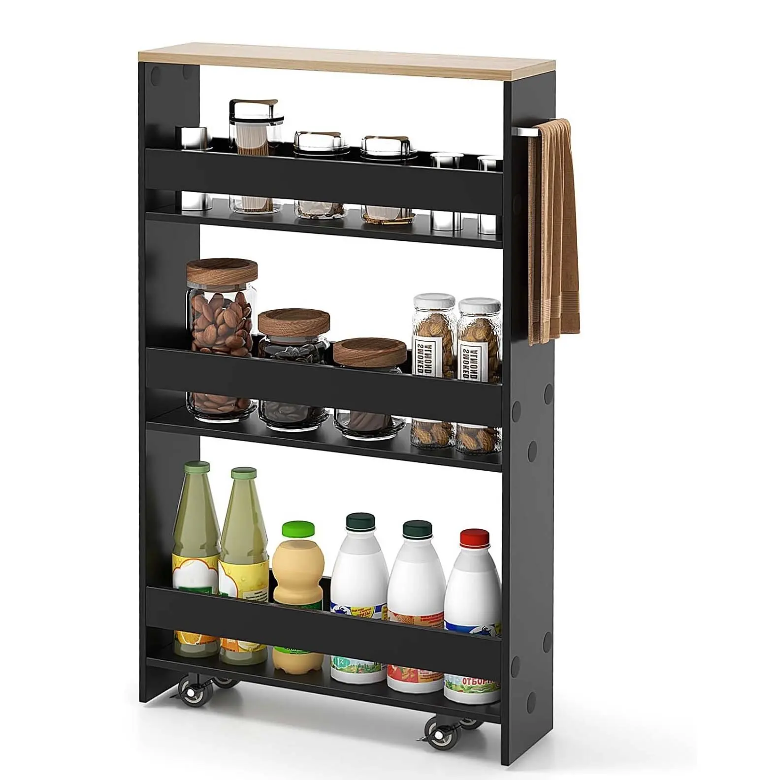 Chariot de cuisine étroit sur roulettes, 13 cm de large, 4 niveaux, étagère de rangement, chariot de service 47,5 x 13 x 80,5 cm