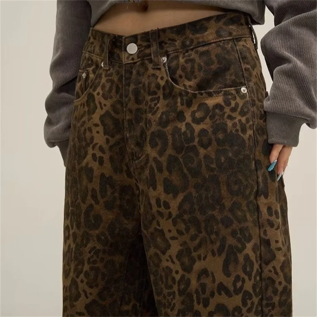 Y2k Leopard Print Women Pants 2024 Spring Chic Loose High Waist Wide Leg Panther Pant Ladies Fashion High Street Jean Trousers