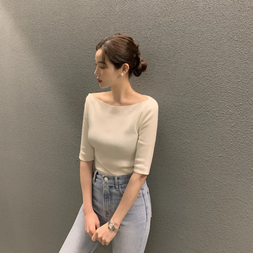 Slim Fit Knitwear with Boat Neck Design And Medium Sleeves Casual Style Women's Fashion Viscose Fiber Long Sleeve Regular Length
