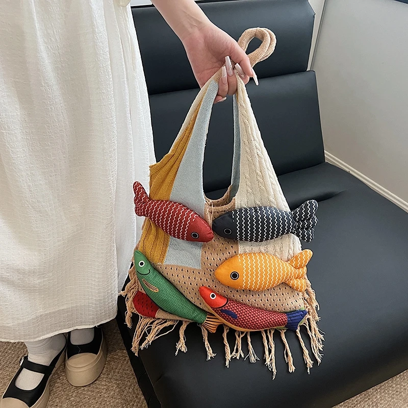

Tote Bag Large Capacity Tassel Patchwork Knit Houndstooth Accent Versatile Everyday Travel For Women Birthday Gift Boho Chic