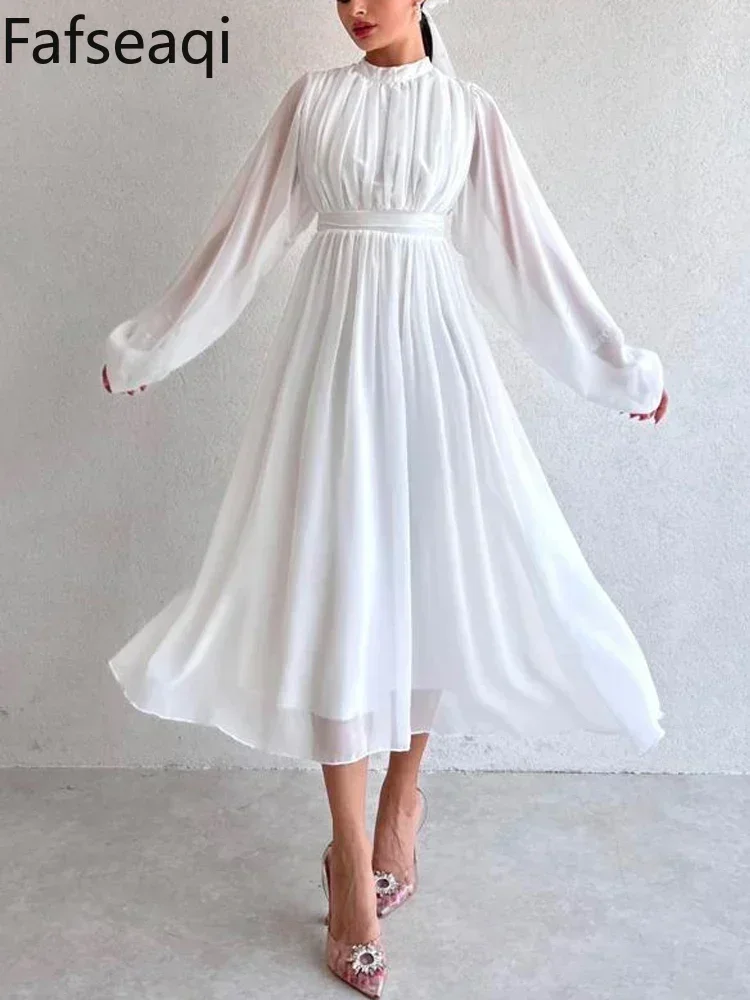 White Chiffon Dress for Women 2024 Summer Elegant Half High Collar Pleated Dresses with Long Sleeve Slim Beautiful Women\'s Dress