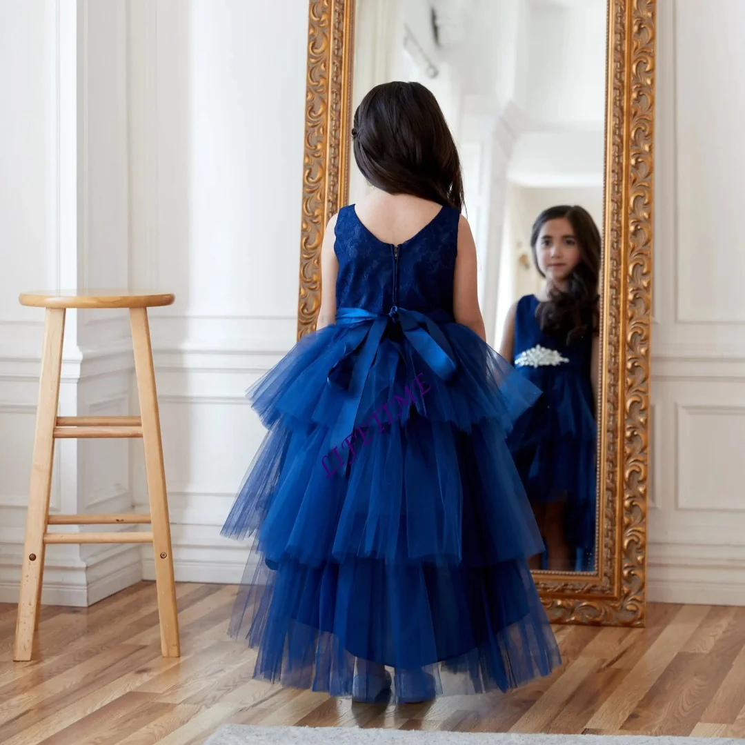 Customized Pink Flower Girl Dress Feather Beaded Tulle Floor Length Kids Birthday Gown Luxury Princess Wedding Dress for Girls