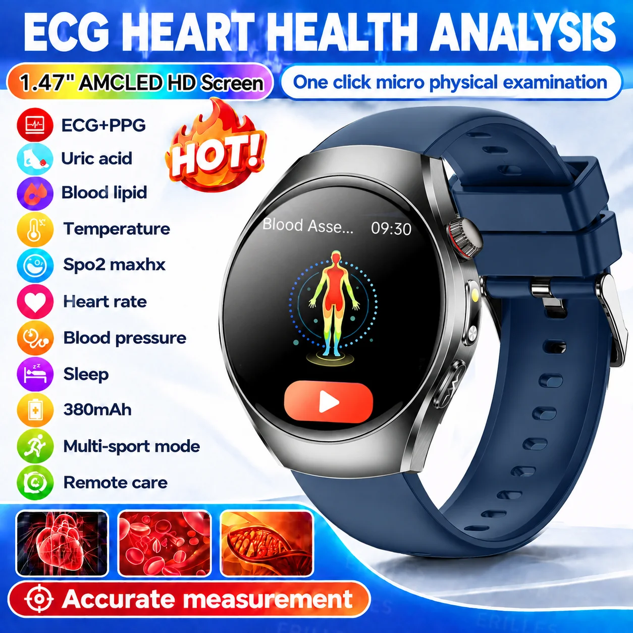 ECG Health Smart Watch 1.47 AMOLED Heart Rate Blood Pressure Blood Oxygen Uric Acid Lipids BMI Body Composition HD Bluetooth Cal