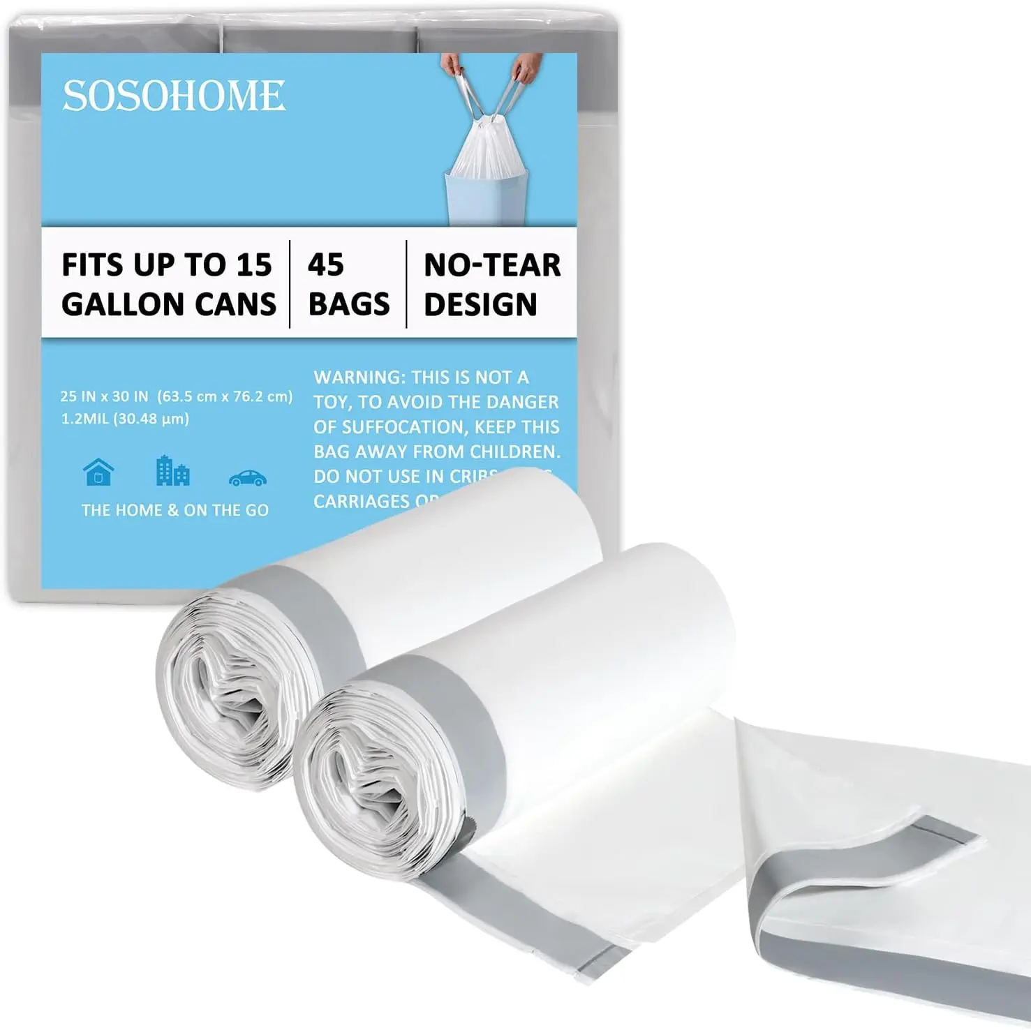 

15 Gallon Tall Kitchen Trash Bags with Drawstring - 1.2 Mil Thick White Garbage Bags for Office, 45 Count
