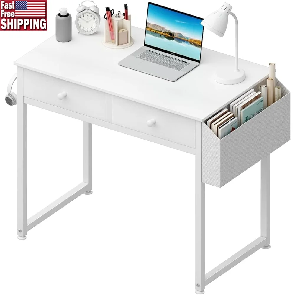 

Small White Desk with Drawers Home Office Computer Vanity Table Compact Study Writing Table Multiuse Bedroom Furniture