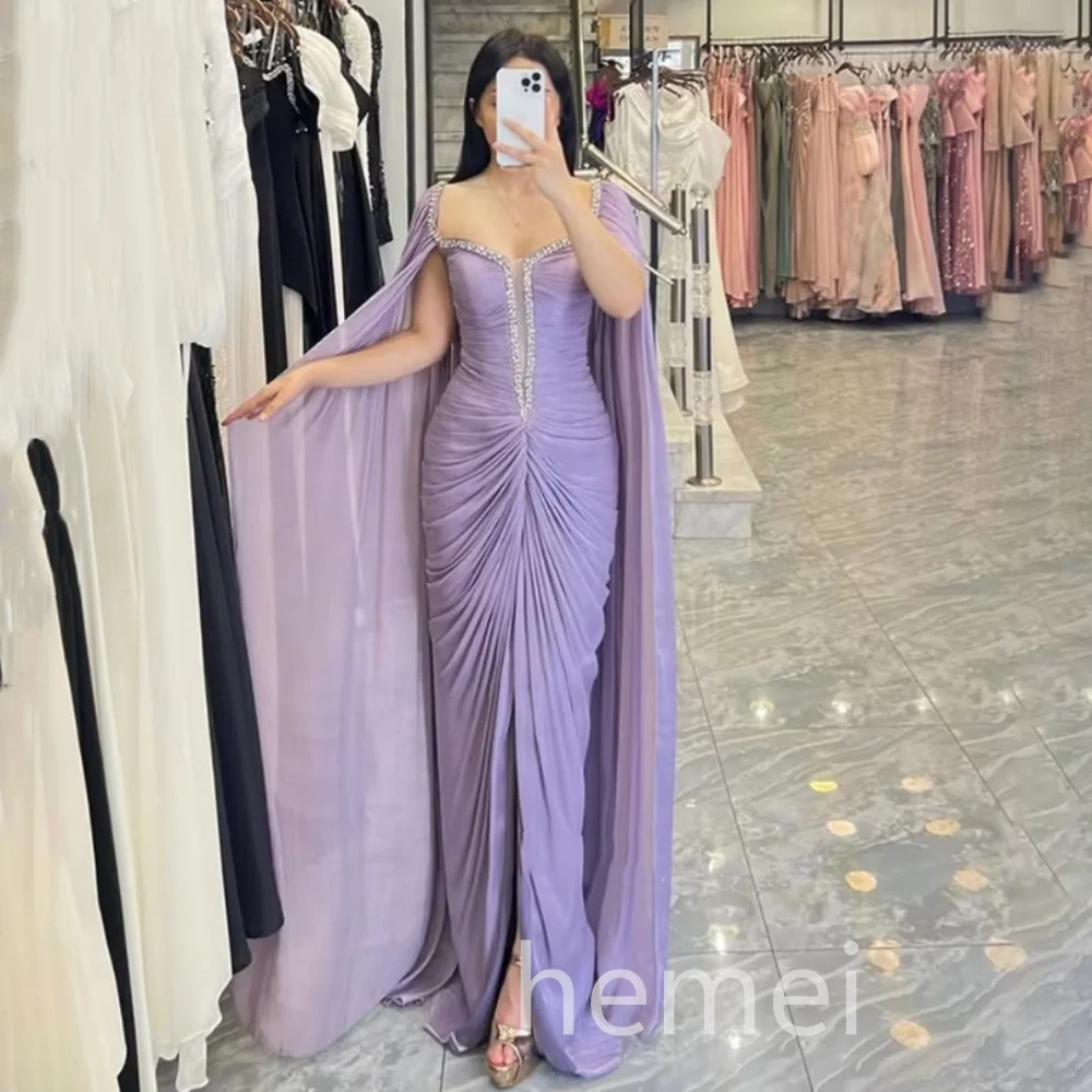 لافندر أنيقة مخصصة بلورات فساتين لحضور الحفلات الموسيقية غمد الطابق طول الشيفون رداء حفلات السهرة فساتين Sheer
